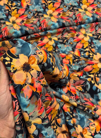 salmon-colored flowers on black - viscose