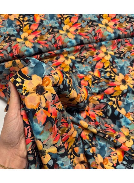 salmon-colored flowers on black - viscose