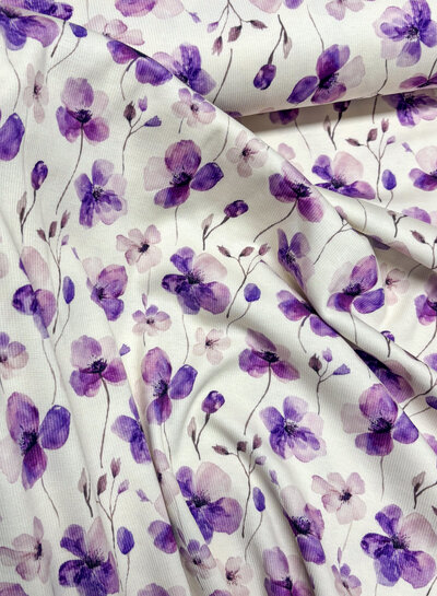Swafing paarse bloemetjes - geribbelde tricot