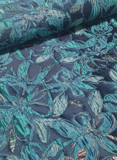petrol bloemen met lurex - geweven jacquard