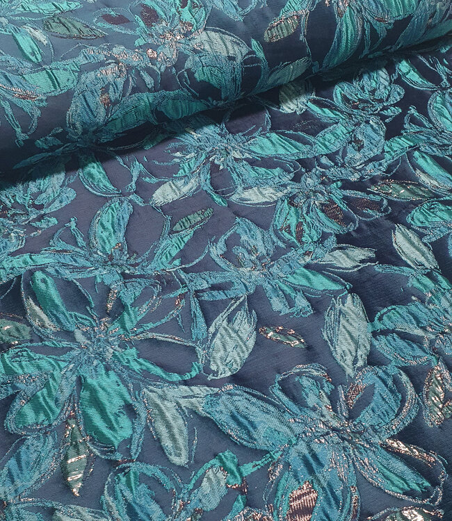 petrol bloemen met lurex - geweven jacquard