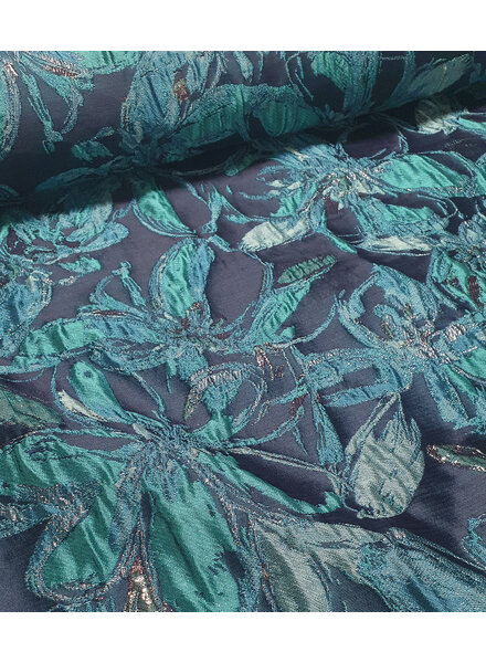 petrol bloemen met lurex - geweven jacquard