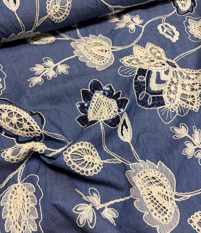 pailletten en broderie - soepelvallende denim katoen