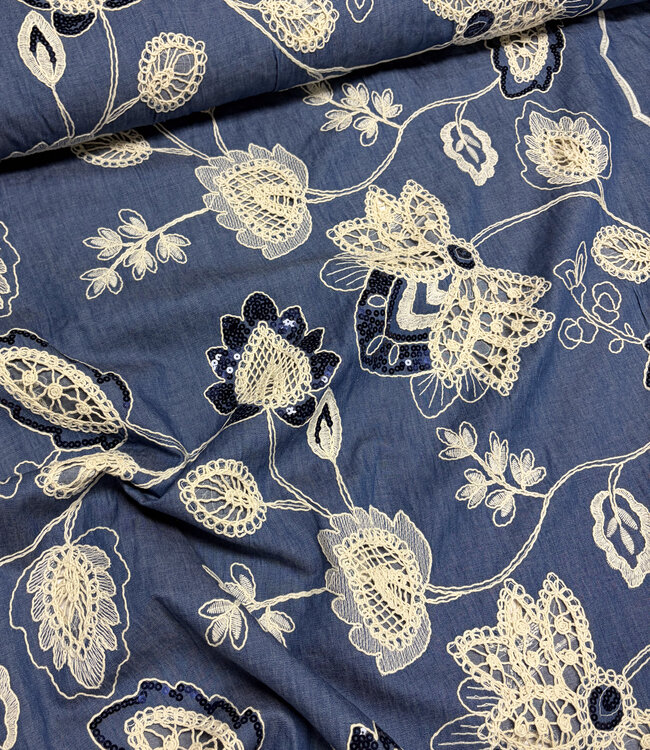 pailletten en broderie - soepelvallende denim katoen