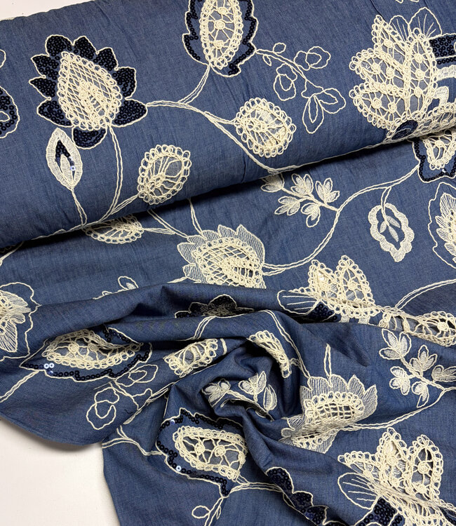 pailletten en broderie - soepelvallende denim katoen