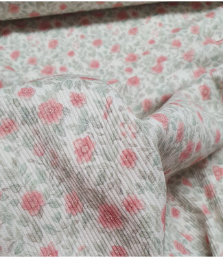 Swafing mint en roze bloemen - geribbelde tricot