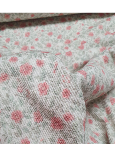 Swafing mint en roze bloemen - geribbelde tricot