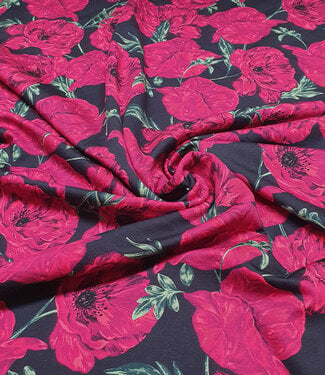 fuchsia roses on navy French terry