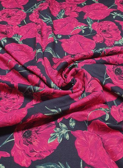 fuchsia roses on navy French terry