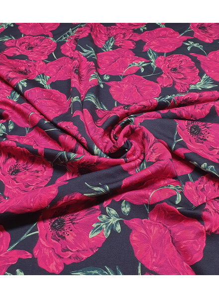 fuchsia roses on navy French terry