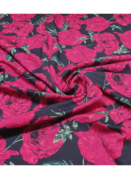 fuchsia rozen op navy - french terry