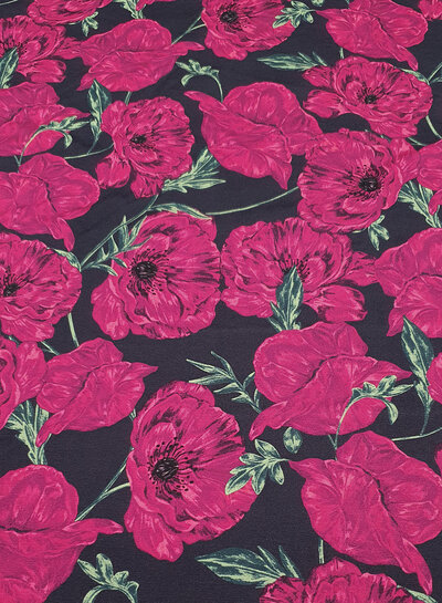 fuchsia roses on navy French terry