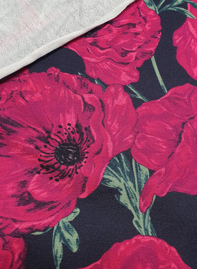 fuchsia roses on navy French terry