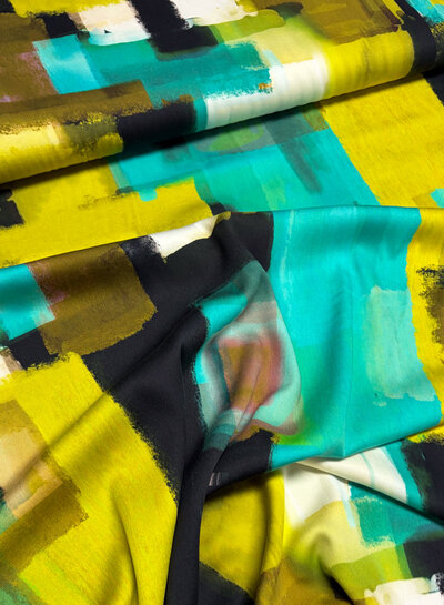 aqua limoen abstracte print - viscose satijn
