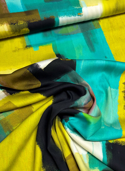 aqua limoen abstracte print - viscose satijn