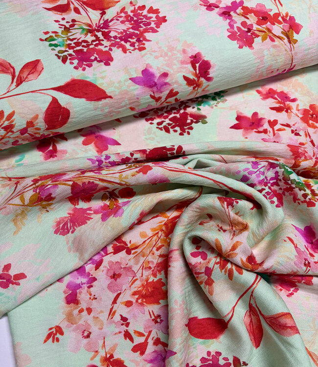 Madeline roze bloemen mint - viscose crêpe