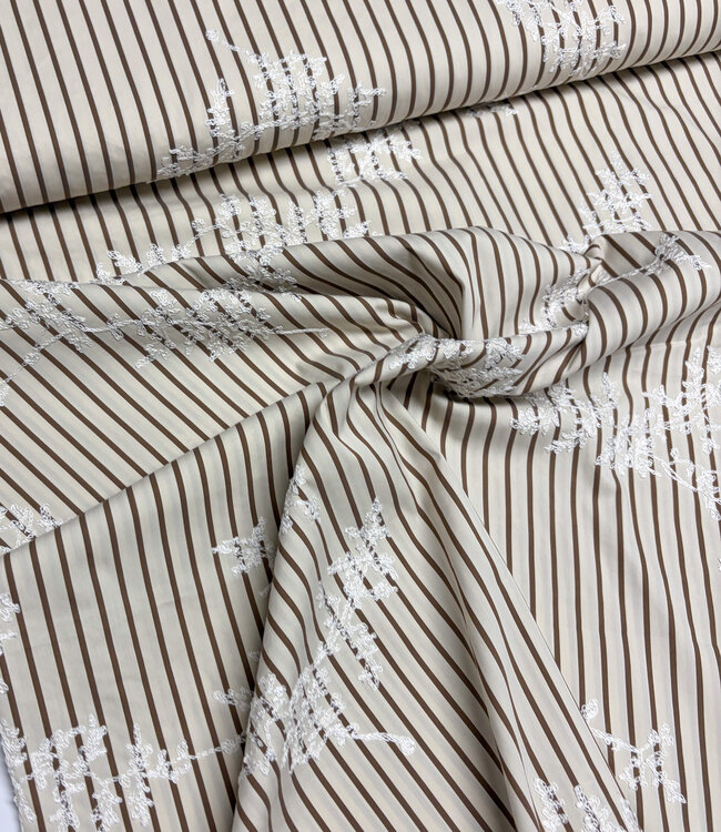 brown stripes on beige with embroidery - cotton shirt