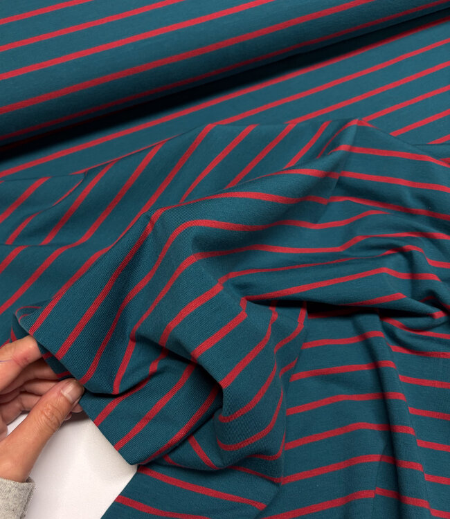 Swafing petrol en zacht rood stripe Tee - tricot