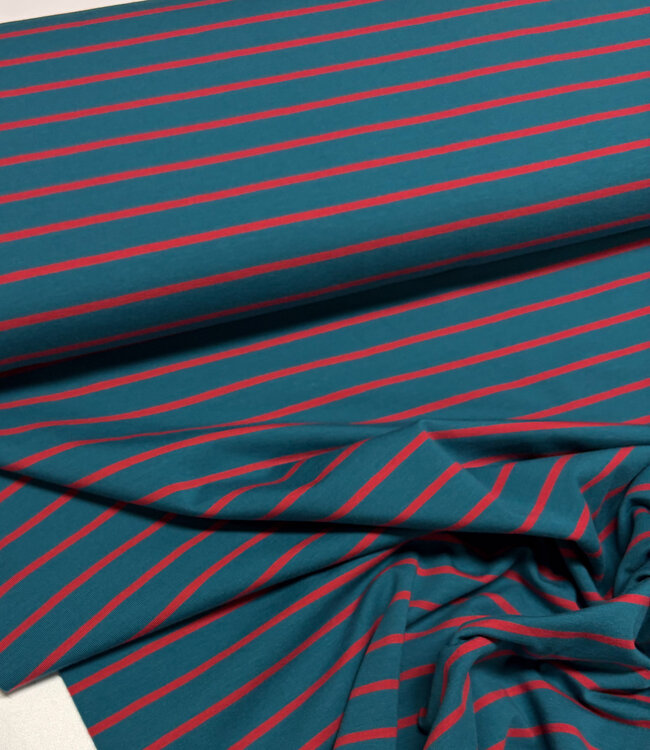 Swafing petrol en zacht rood stripe Tee - tricot
