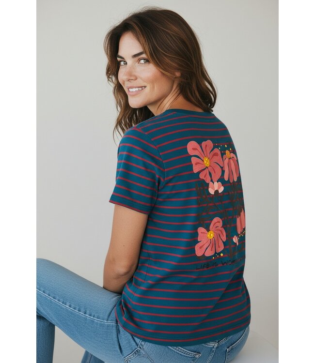 Swafing petrol en zacht rood stripe Tee - tricot