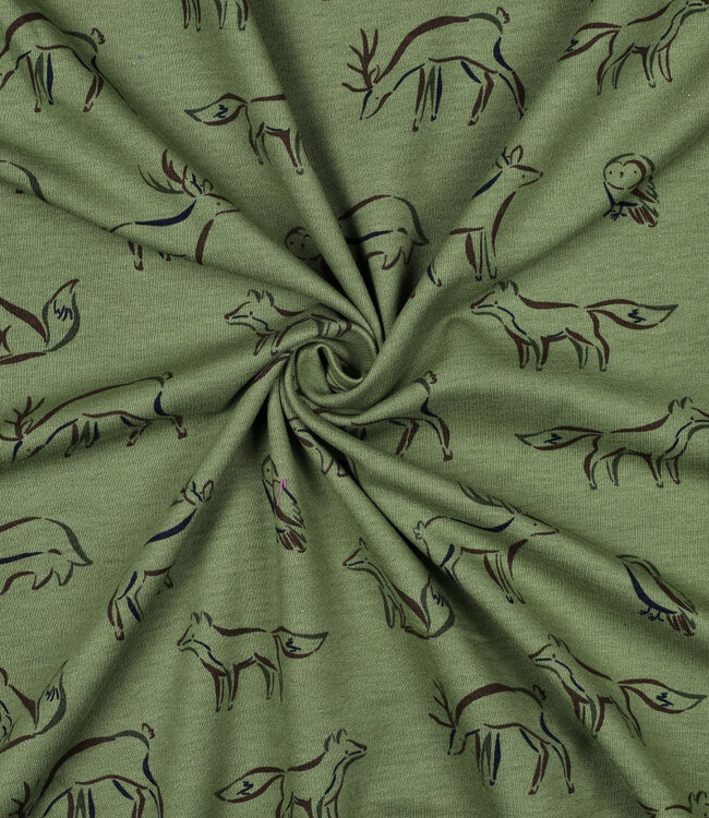 groen - zachte sweaterstof met bosdieren