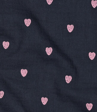 marineblauw - double gauze met geborduurde hartjes