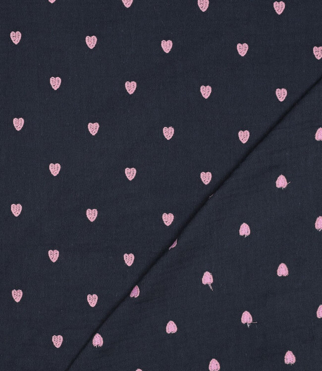 marineblauw - double gauze met geborduurde hartjes