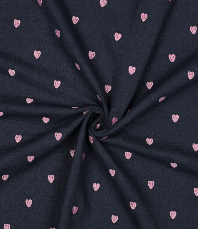 marineblauw - double gauze met geborduurde hartjes