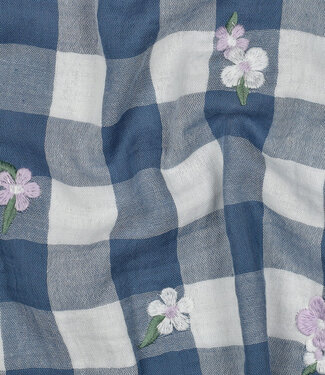 blauw - double gauze ruiten met geborduurde bloemen