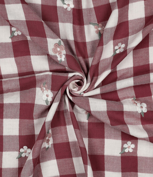 roze - double gauze ruiten met geborduurde bloemen