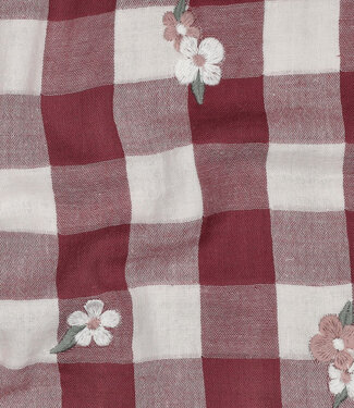 roze - double gauze ruiten met geborduurde bloemen