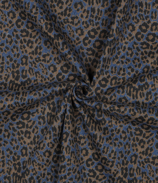 donkerblauw met bruin luipaard - stretchdenim