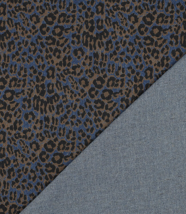 donkerblauw met bruin luipaard - stretchdenim