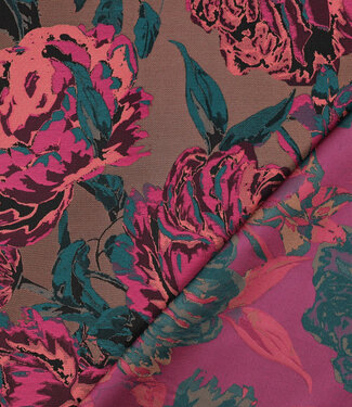 roze en donker turquoise bloemen - geweven jacquard