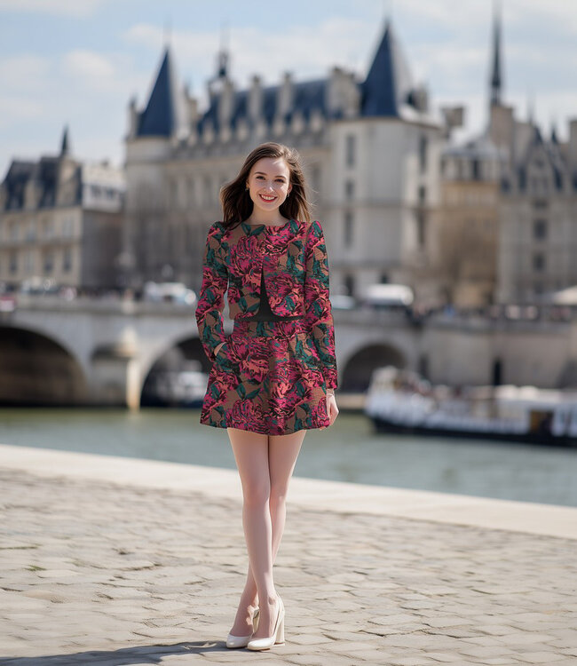 roze en donker turquoise bloemen - geweven jacquard
