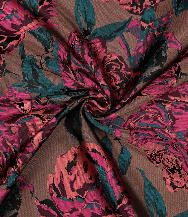 roze en donker turquoise bloemen - geweven jacquard