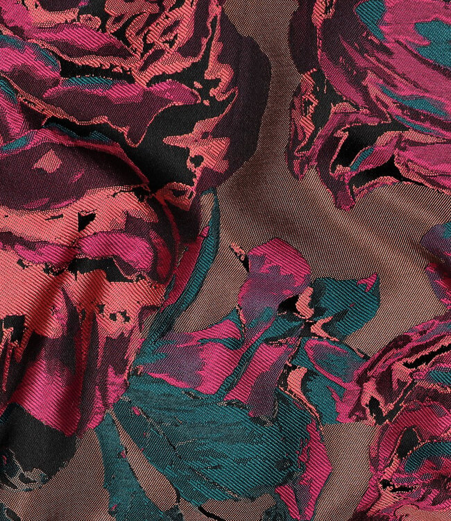 roze en donker turquoise bloemen - geweven jacquard