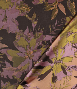 mosterd, bruin en lila bloemen - geweven jacquard