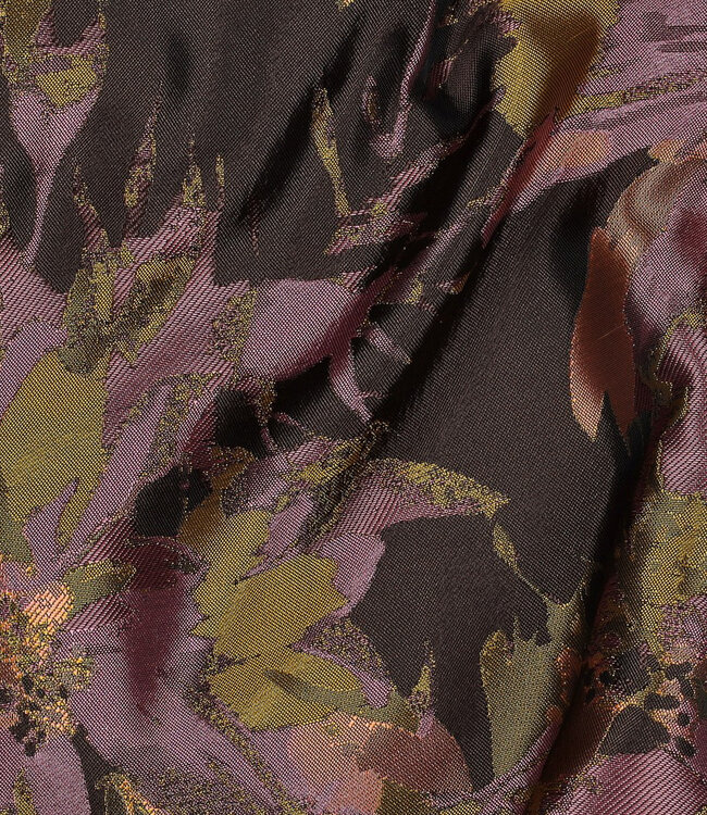 mosterd, bruin en lila bloemen - geweven jacquard