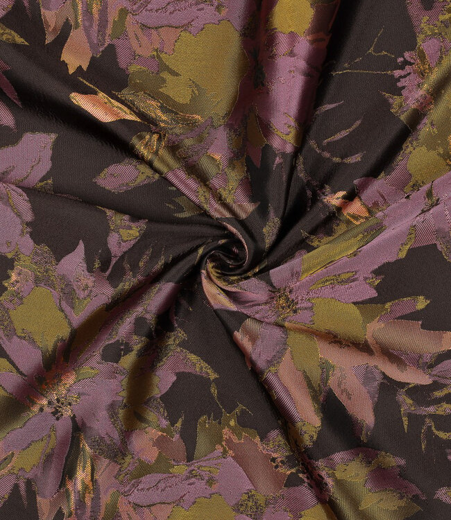 mosterd, bruin en lila bloemen - geweven jacquard