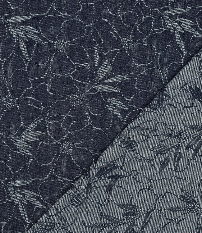 zware denim jacquard met bloemen - jeansblauw