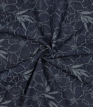 zware denim jacquard met bloemen - jeansblauw