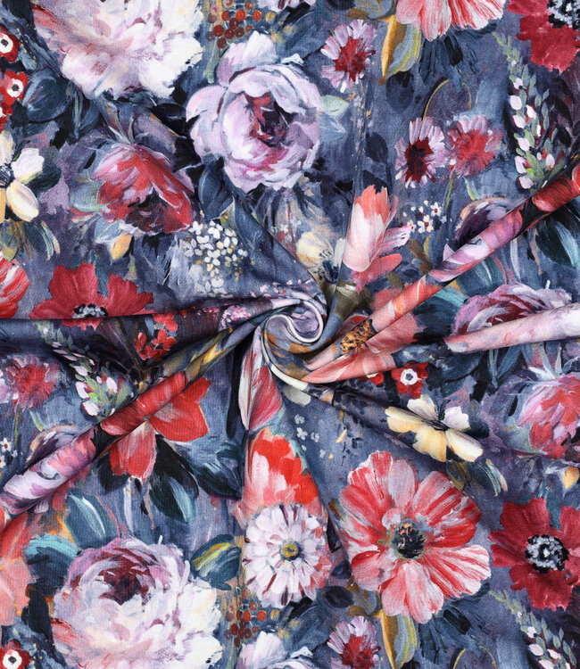 blauw met bloemen - french terry