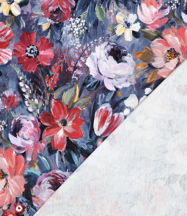 blauw met bloemen - french terry