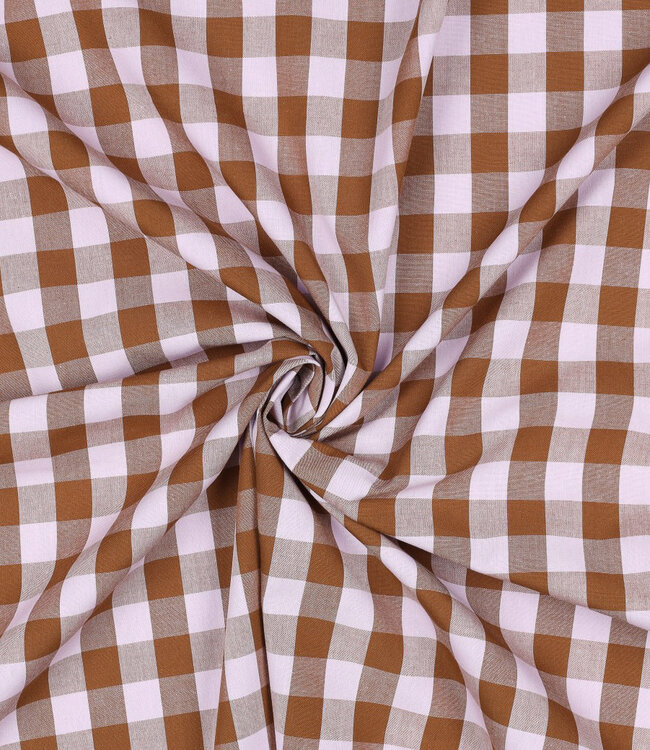 yarn dyed popeline - ruiten - caramel en roze