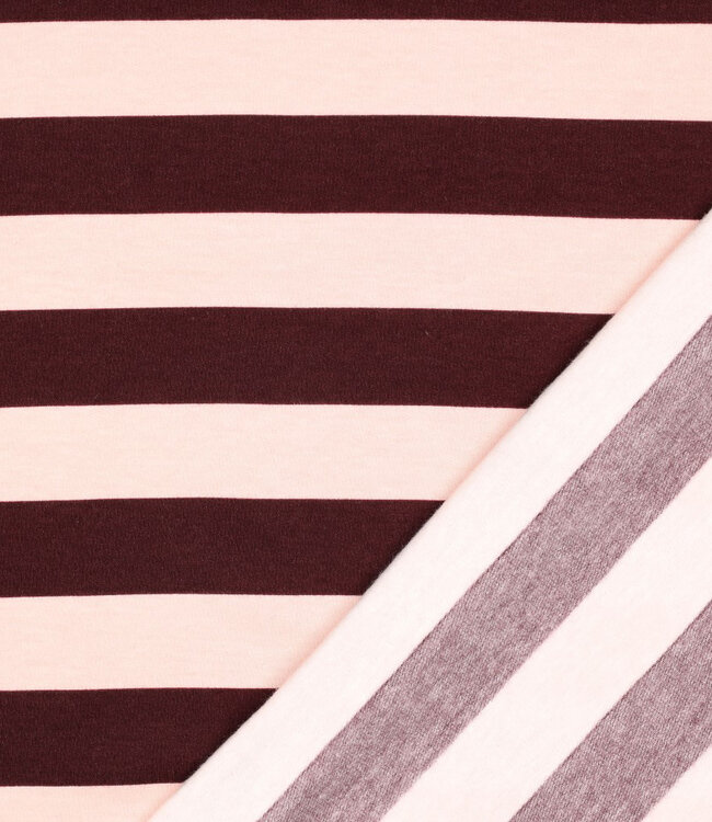 Poppy fabrics roze en bordeaux strepen - zachte sweaterstof