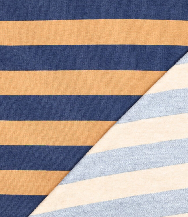 Poppy fabrics marineblauw en caramel strepen - zachte sweaterstof