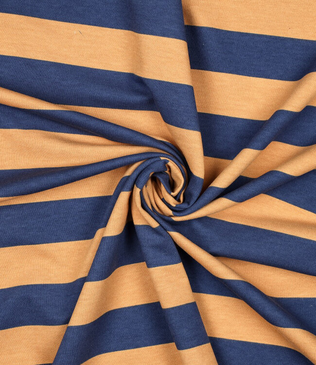 Poppy fabrics marineblauw en caramel strepen - zachte sweaterstof