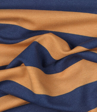 Poppy fabrics marineblauw en caramel strepen - zachte sweaterstof