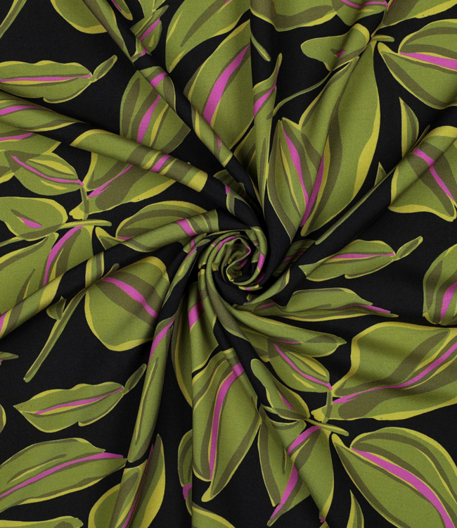 leaves - mosgroen op zwart - viscose